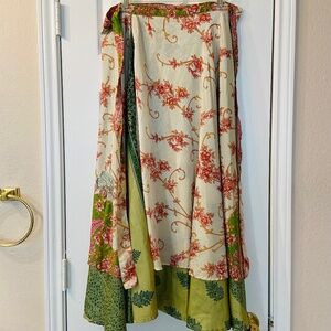 Wrap Skirt Boho Pink Green Designs Silk Blend Size 34 Long Maxi
